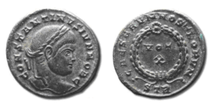 Moneta romana di epoca costantinea sul rovescio la corona querquensis 