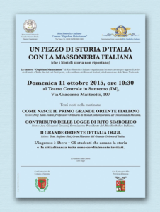 11 Ottobre 2015 in Sanremo (IM) “Un Pezzo di Storia d’Italia con la Massoneria Italiana (che i libri di storia non riportano)”